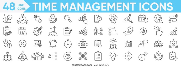 Time management icon set.manage time, planner, calendar, delegation, reminder, timer, deadlines,hand, set priorities, mission, values, human resource, time management more.Vector and illustrator set.