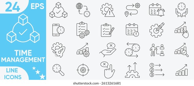 Time management icon set.manage time, planner, calendar, delegation, reminder, timer, deadlines,hand, set priorities, mission, values, human resource, time management more.Vector and illustrator set.