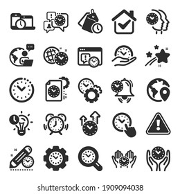 Time management icons. Alarm clock, timer plan and project deadline signs. Countdown clock, time log and appointment reminder icons. People work, watch and office timer. Flat icon set. Vector