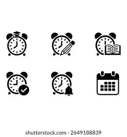 Time Management Icons Alarm Clocks Calendar Pencil Book Graduation Cap Black and White Minimalist Style Organized Efficient Mood