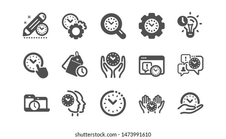 Time management icons. Clock, timer plan and project deadline signs. Countdown clock and appointment reminder icons. Classic set. Quality set. Vector