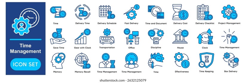 Time Management Icons Collection related to Time, Delivery Time, Delivery Schedule, Fast Delivery, Time and Document.