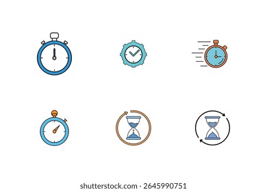 Time management icons collection with stopwatch hourglass timer and planning symbols color Vector illustration