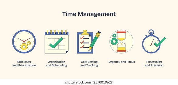 Time management icons depict efficiency, organization, and focus with clock, checklist, and hourglass. Neubrutalism style.