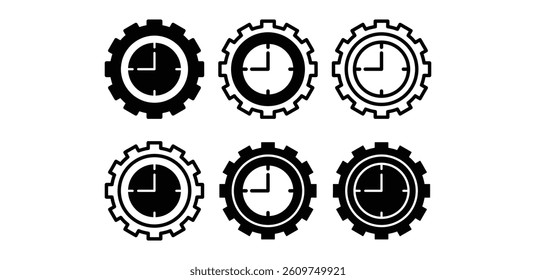 Time Management Icons Gear Clock Set Black and White Color Vector Design