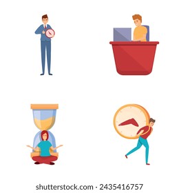 Time management icons set cartoon vector. Group of working people and big clock. Business concept
