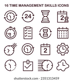 Time management icons set. Character with self-discipline. Planning and checking task, appointment or assignment planning. Organization for performance efficiency. Flat vector illustration