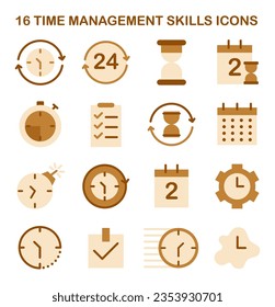 Time management icons set. Character with self-discipline. Planning and checking task, appointment or assignment planning. Organization for performance efficiency. Flat vector illustration