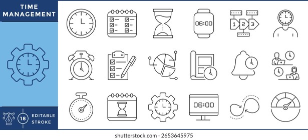 Time management icons set. Clock, calendar, hourglass, alarm clock, to-do list, smartwatch, timer, speedometer, and many more. Vector editable stroke.
