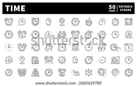 Time management icons set – editable line icons, linear, clock, countdown symbols