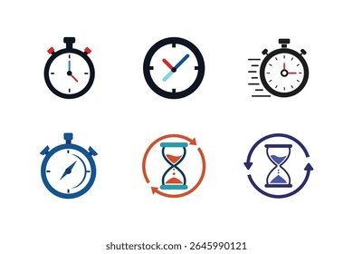 Time management icons set featuring clocks stopwatches hourglasses and scheduling tools color Vector illustration