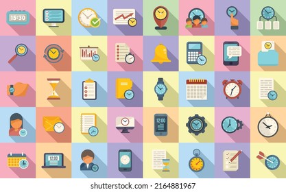 Time management icons set flat vector. Calendar hour. Alarm clock