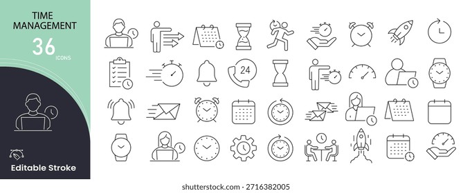 Conjunto de iconos de gestión de tiempo. Incluye iconos de reloj, programación, productividad, recordatorio, control de tareas y organización del trabajo. Perfecto para App de productividad y efectos visuales de flujo de trabajo. Trazo editable.