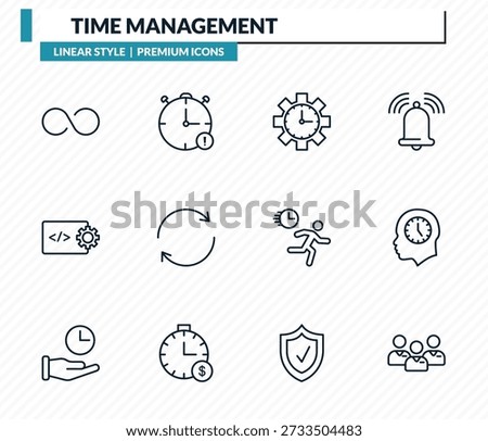 time management icons set - infinite, out of time, time manager, mind, employees outline vector collection.