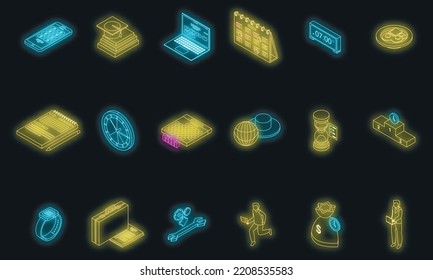 Time management icons set. Isometric set of time management vector icons neon color on black