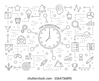Time management icons set. Linear illustrations on white.