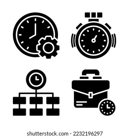 Juego de iconos de administración de tiempo = Administración de tiempo, Stopwatch, jerarquía, maletín. Perfecto para aplicaciones móviles de sitios web, iconos de aplicaciones, presentación, ilustración y cualquier otro proyecto.