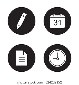 Time management icons set. Organizer web application interface items. Write a note and new document symbols. White silhouettes illustrations on black circles. Vector infographics elements
