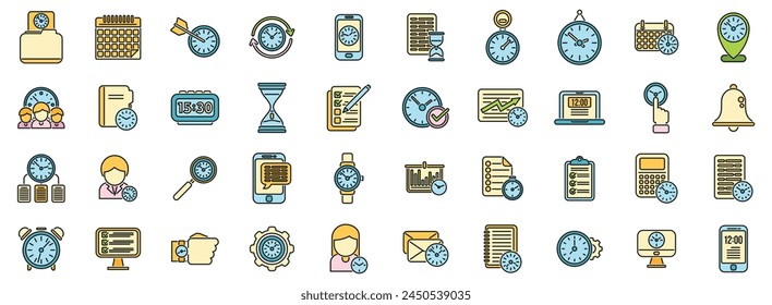 Time management icons set outline vector. Calendar hour. Alarm clock thin line color flat on white