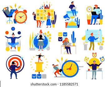 Time management icons set with planning schedule symbols flat isolated vector illustration