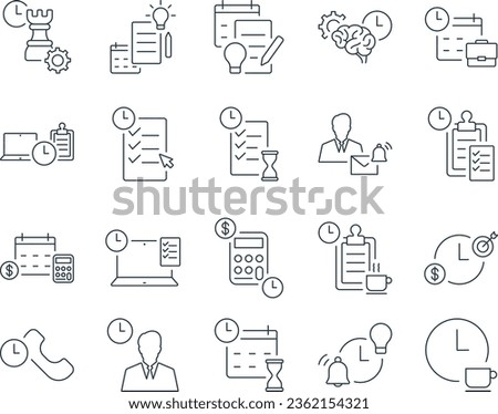Time Management Icons Set. Productivity, Efficiency, Planning, Scheduling. Editable Stroke. Simple Icons Vector Collection