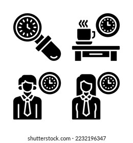 Juego de iconos de gestión del tiempo = búsqueda, hora del café, hombre, chica. Perfecto para aplicaciones móviles de sitios web, iconos de aplicaciones, presentación, ilustración y cualquier otro proyecto.