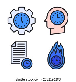Juego de iconos de administración de tiempo = configuración de hora, encabezado, documento, fecha límite. Perfecto para aplicaciones móviles de sitios web, iconos de aplicaciones, presentación, ilustración y cualquier otro proyecto.