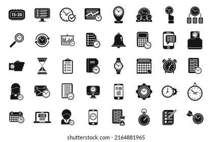 Zeitmanagement-Symbole setzen einfache Vektorgrafiken. Kalenderstunde. Wecker