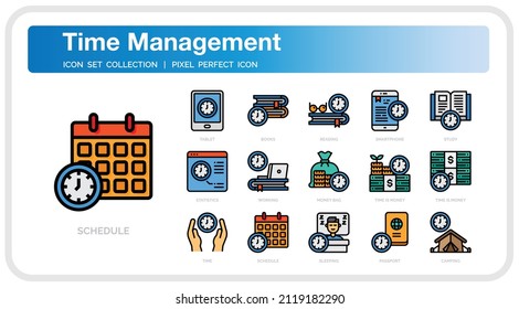 Juego de iconos de administración de tiempo. Iconos de la línea delgada del vector perfectamente diseñado de la interfaz de usuario Pixel Perfecto. Las ilustraciones son un vector.
