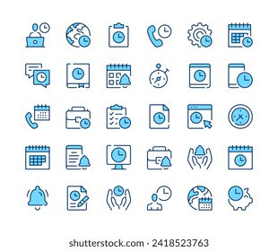 Time management icons set. Vector line icons. Blue color outline stroke symbols. Modern concepts