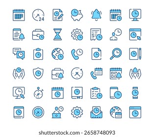 Iconos de gestión del tiempo. Conjunto de iconos de línea de Vector. Diseño de contorno moderno. Concepto azul
