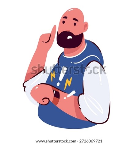 Time management idea man pointing up with alert sign. Sudden realization, reminder moment, problem awareness, decision insight, work thinking process. Cartoon vector illustration, isolated.