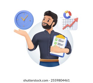 Time management illustration in 3D style. Concept illustration of man successfully organizing tasks and appointments. Perfect for web design, banner, mobile app, landing page. 3D vector illustration