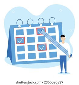 Time management illustration. The character stands with a large pencil in his hands and plans meetings in a large calendar. Time management and schedule organization concept. Vector illustration.