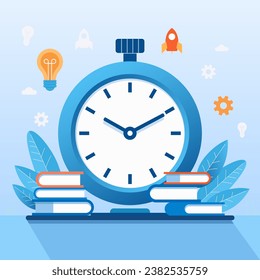 Ilustración de administración de tiempo. Icono de reloj y vector de libro.