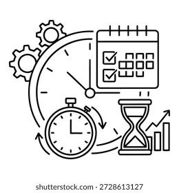 Time management illustration with clock gears calendar checklist and hourglass isolated on transparent background