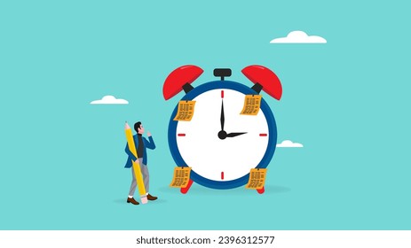 time management illustration with the concept of a businessman attaching a paper planner to a clock, business planning concept, control business planing and time management concept vector illustration