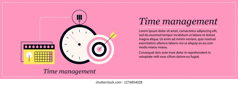 Time management illustration. Elegant flat style on pink background. Deadline, scheduler, calendar.

