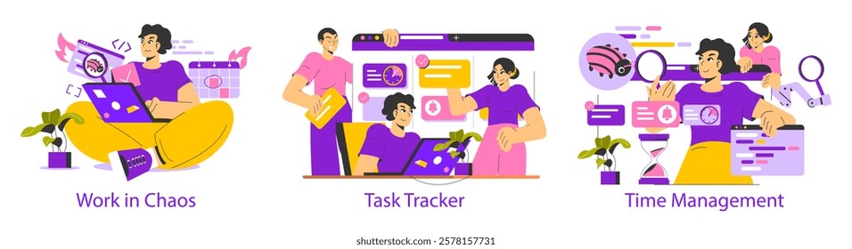 Time management illustration featuring characters managing tasks amid chaos. Visual elements include calendars, task trackers, and productivity icons. Focus on organization and efficiency in workflow