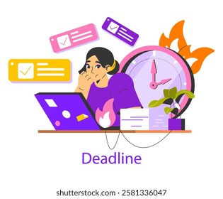 Time Management illustration. A person focuses on a deadline while dealing with tasks and distractions. The clock symbolizes urgency, showcasing the struggle of balancing responsibilities and time