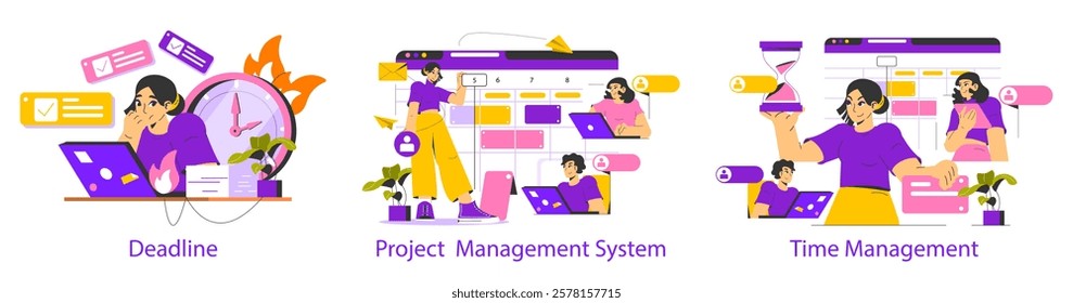 Time Management illustration presents effective strategies for productivity and organization. Focus on deadlines, project management techniques, and efficient use of hours for better task completion