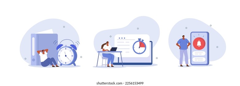 Time management illustration set. Characters using time tracker, reminder and notification tools to organize tasks, deadline schedule and increase productivity. Business concept. Vector illustration.