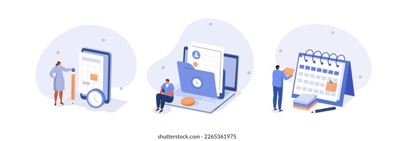 Time management illustration set. Characters creating and organizing schedule plan and calendar appointments to completing work tasks. Business and organization concept. Vector illustration.