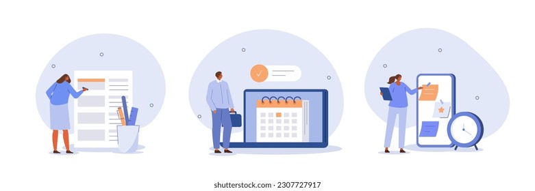 Time management illustration set. Characters organizing schedule, planning calendar appointments and successfully completing work tasks. Business and organization concept. Vector illustration.