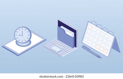 Time management illustration set. Characters creating and organizing schedule plan and calendar appointments to completing work tasks.on blue background.isometric Vector Design Illustration.