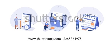 Time management illustration set. Characters creating and organizing schedule plan and calendar appointments to completing work tasks. Business and organization concept. Vector illustration.