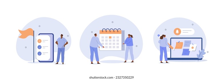 Time management illustration set. Collection of characters organizing schedule, planning calendar appointments and successfully completing work tasks. Organization concept. Vector illustration.