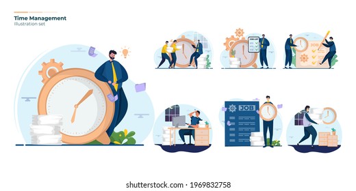 Time management illustration set, Office workers work with deadlines on illustration set