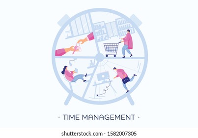 Time management illustration for website or mobile. People organize their time. Big clock with little plot. Efficient workday organization and teamwork process. Flat people vector illustration. Vector