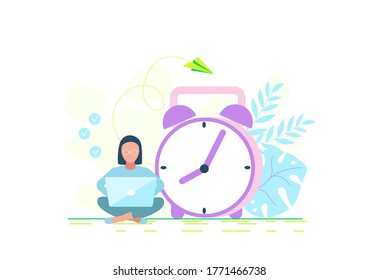 Time management. Illustration of a woman working on a laptop near the big clock. Image of a girl sitting with a laptop near the big clock.